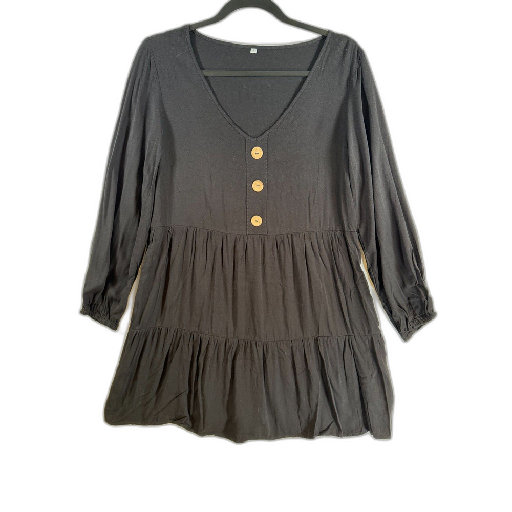 SHEIN Black Tier Babydoll Tunic Top Dress Womens Small Long Sleeve Button Front